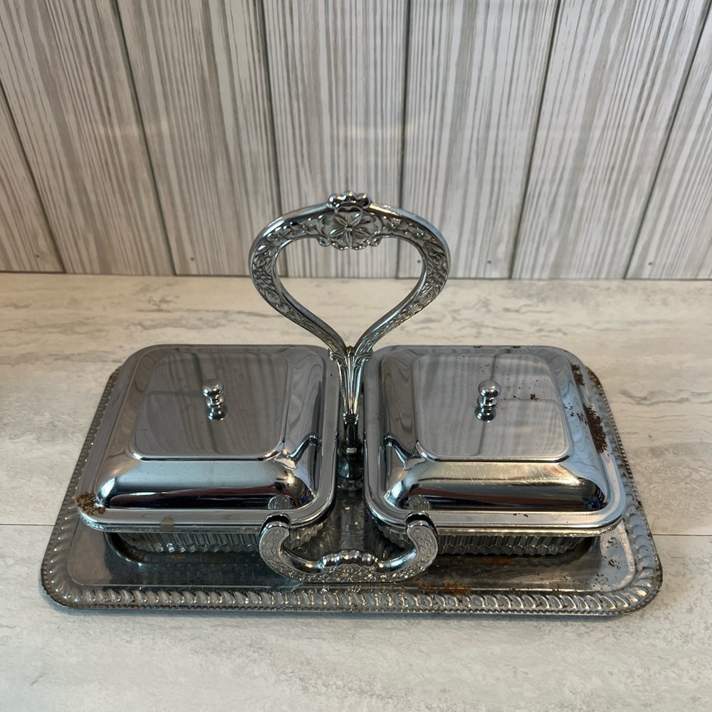 Vintage Crystal Double Container Serving Tray